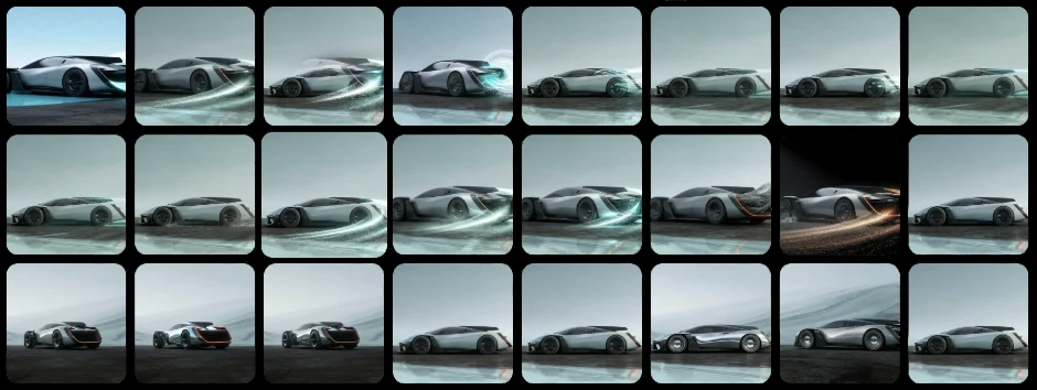 Grid of concept car lighting and environment variations